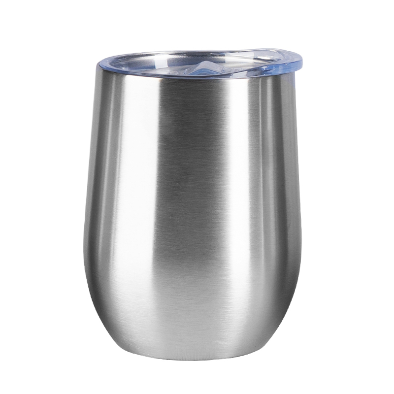 detail of 12oz Double wall stainless steel stemless insulated wine glass with lid