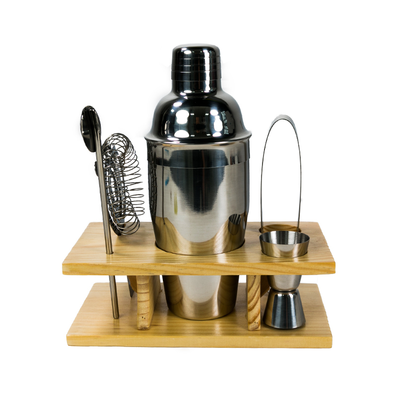 Stainless steel bartender kit with bamboo stand for parties